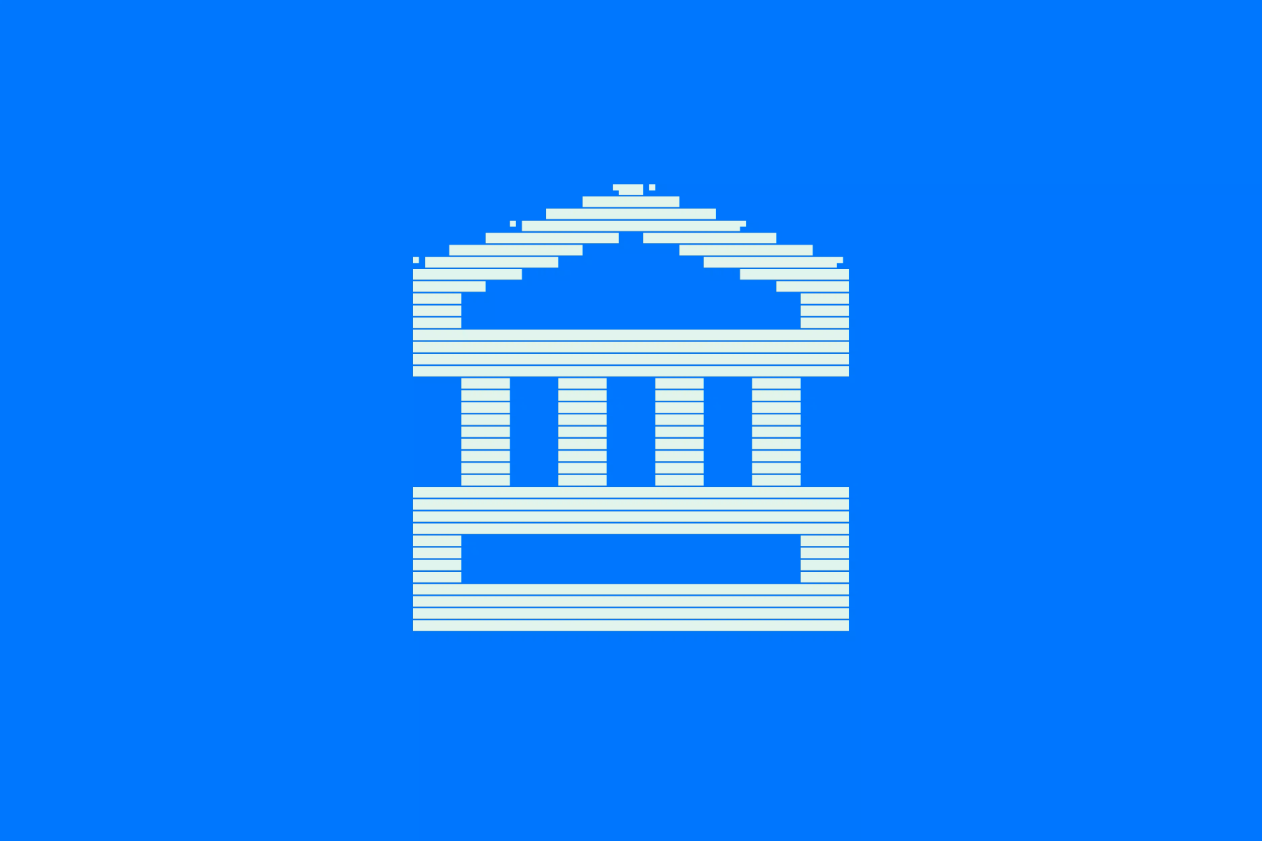 Stylized icon representing virtual accounts, featuring pillars and an arch, set against a blue background.