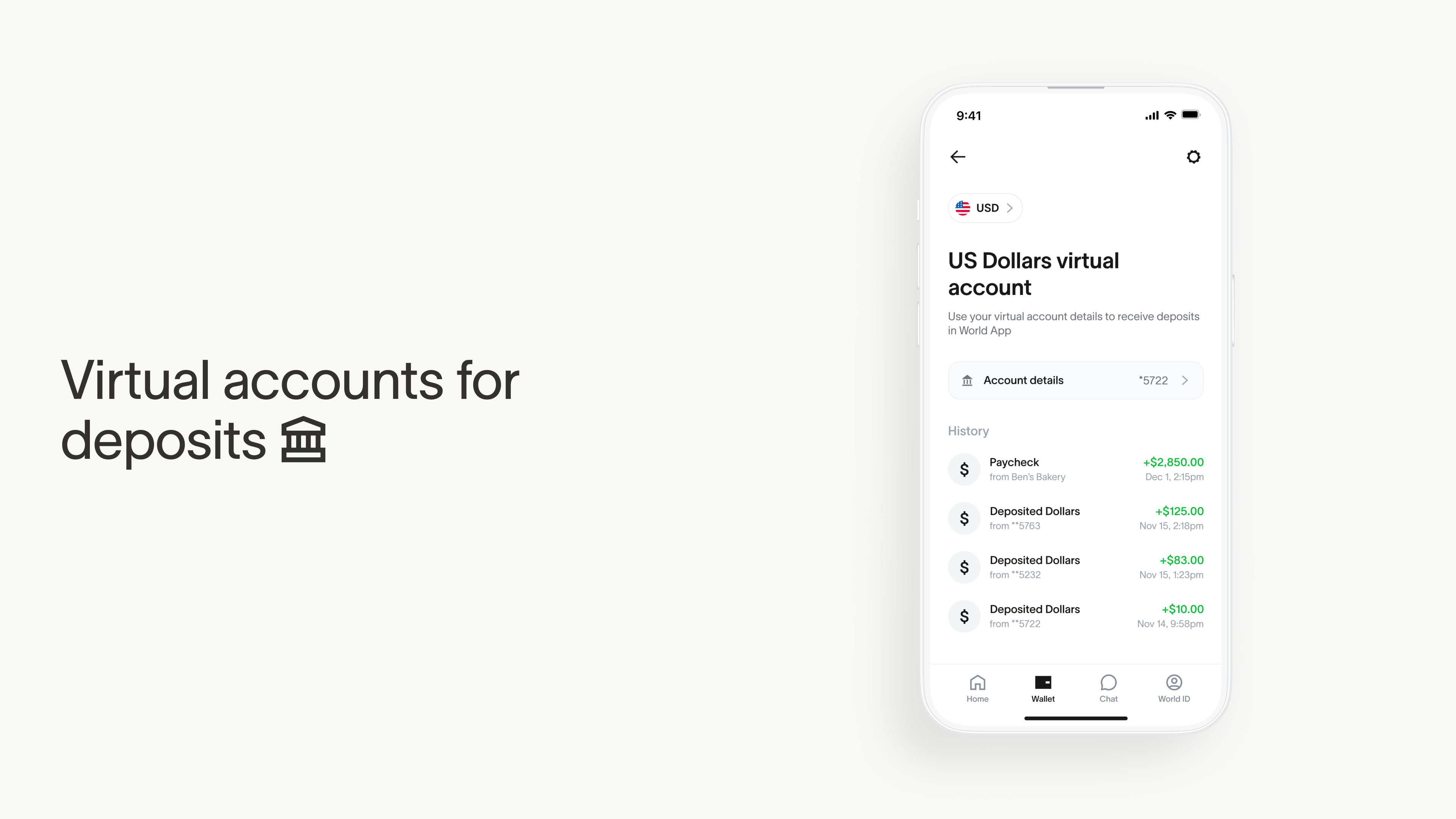 Screenshot of the World App displaying a US Dollars virtual account with account details and transaction history.