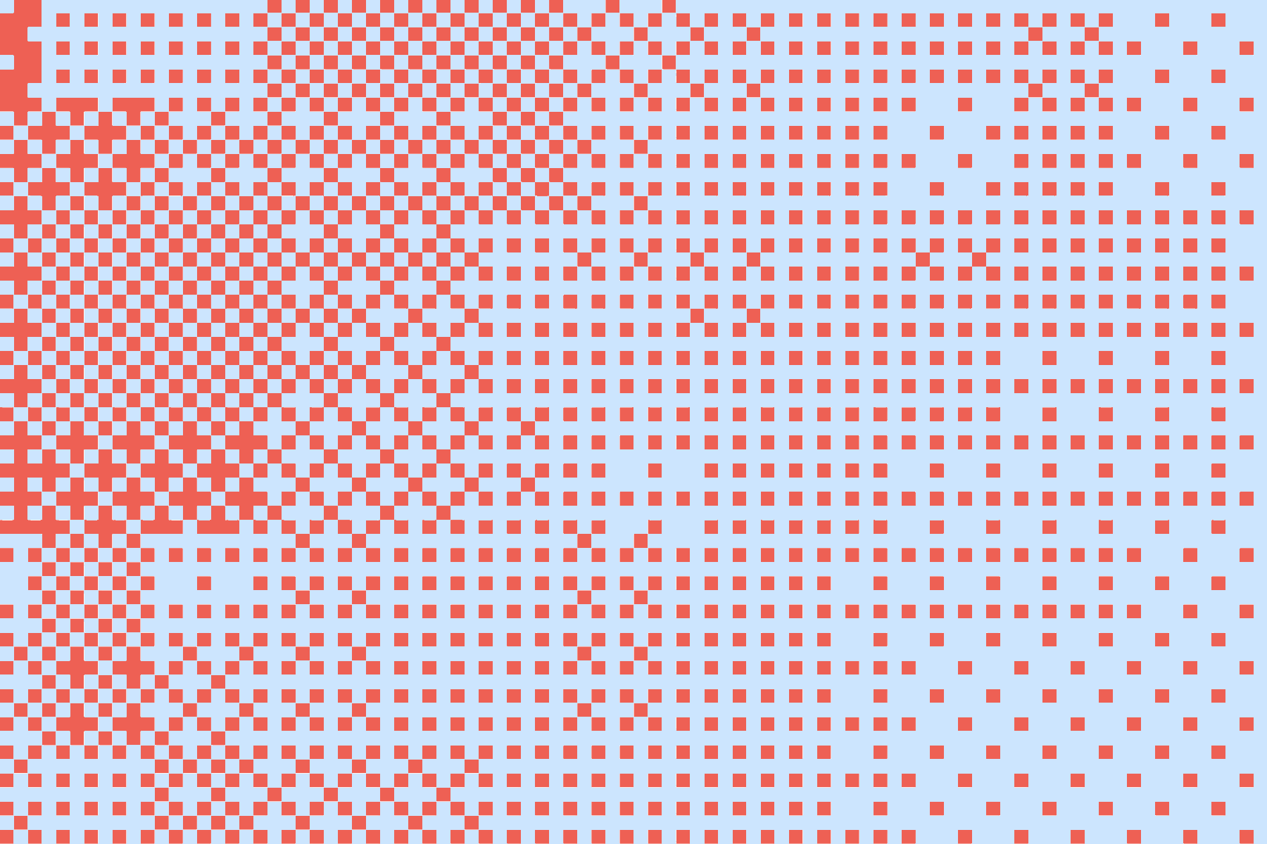 Abstract pattern of red squares on a light blue background