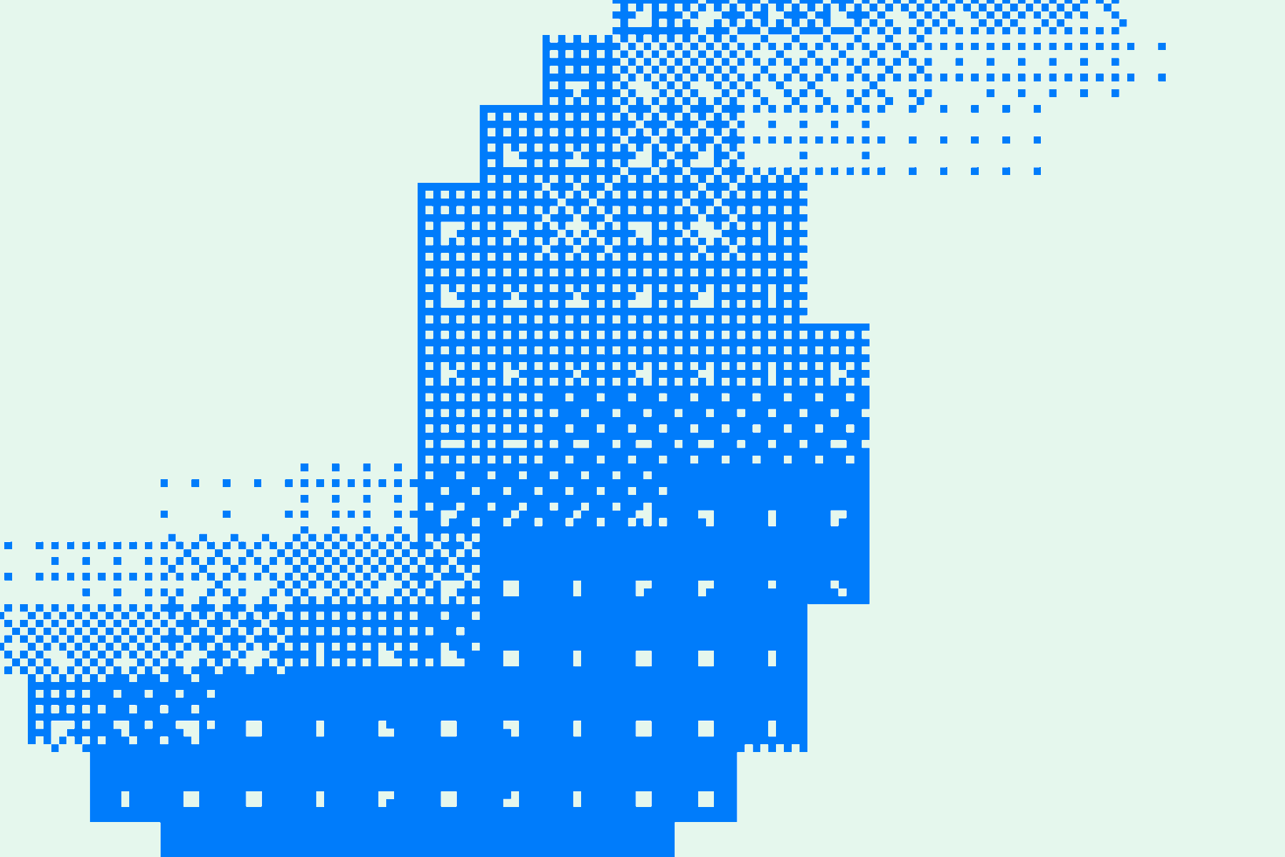 Abstract pattern of blue pixels forming a complex design on a light background.