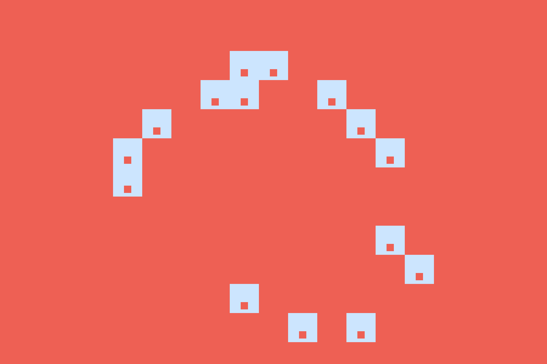 Abstract design with light blue squares on a coral background.