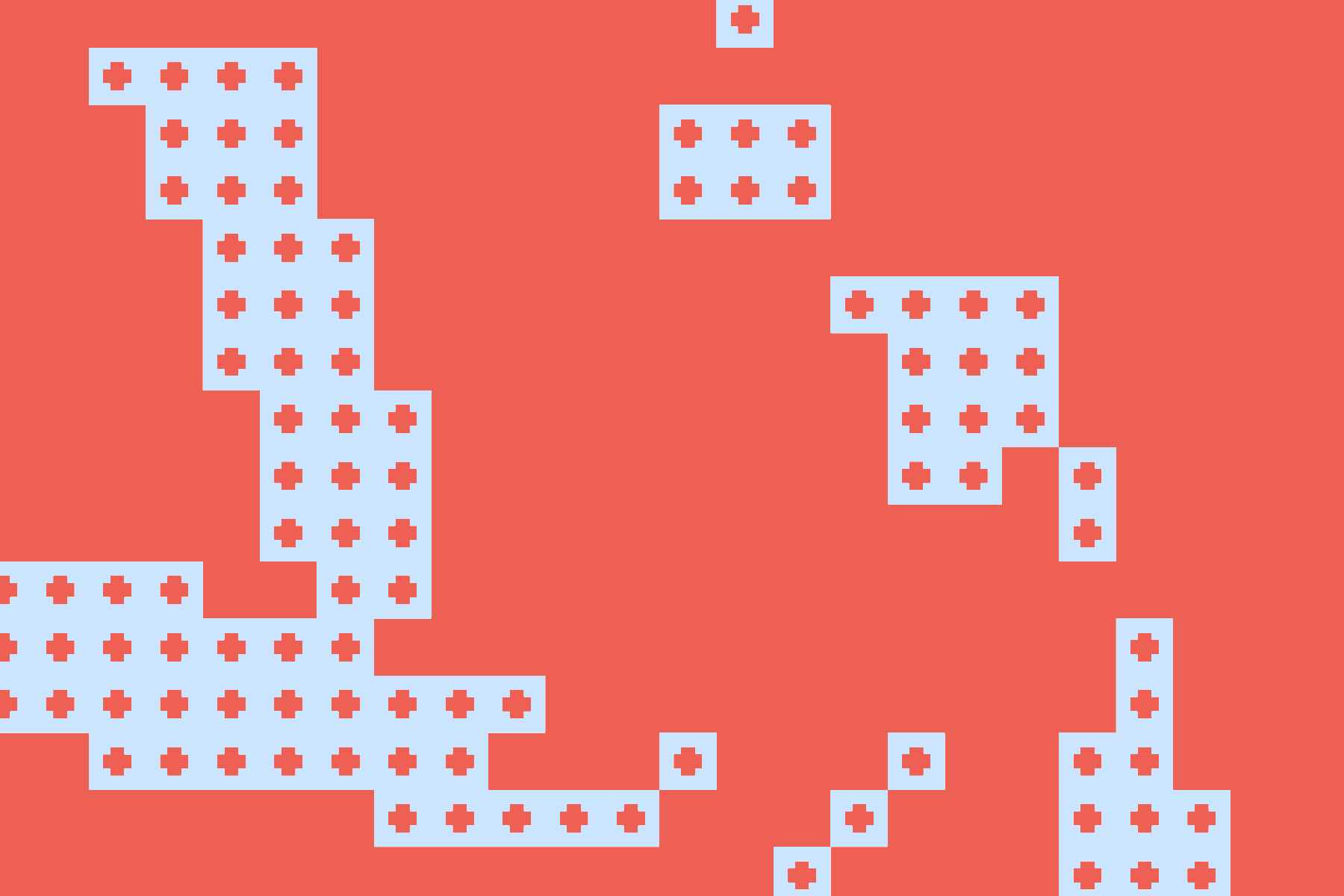 Abstract pattern with blue squares containing plus shapes on a red background.