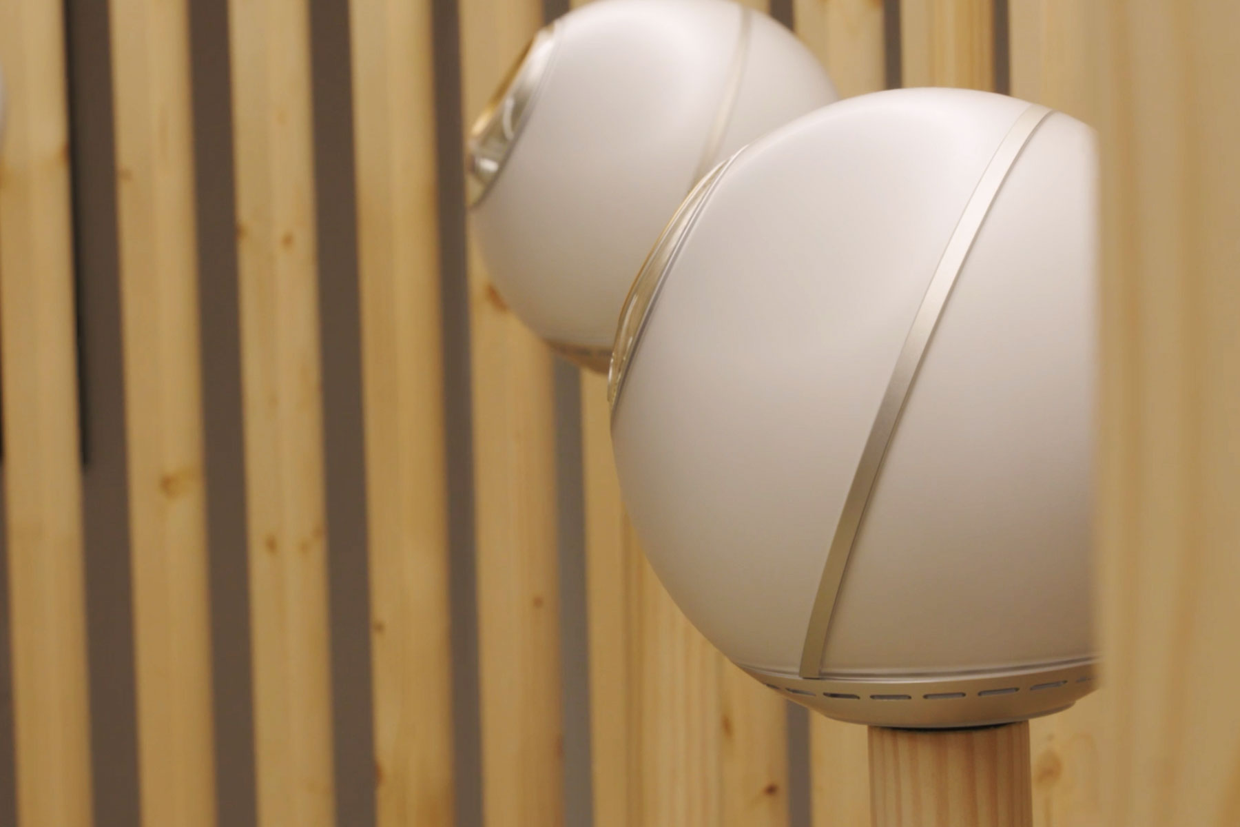 Close-up of two Orbs, biometric verification devices, displayed against a wooden backdrop.