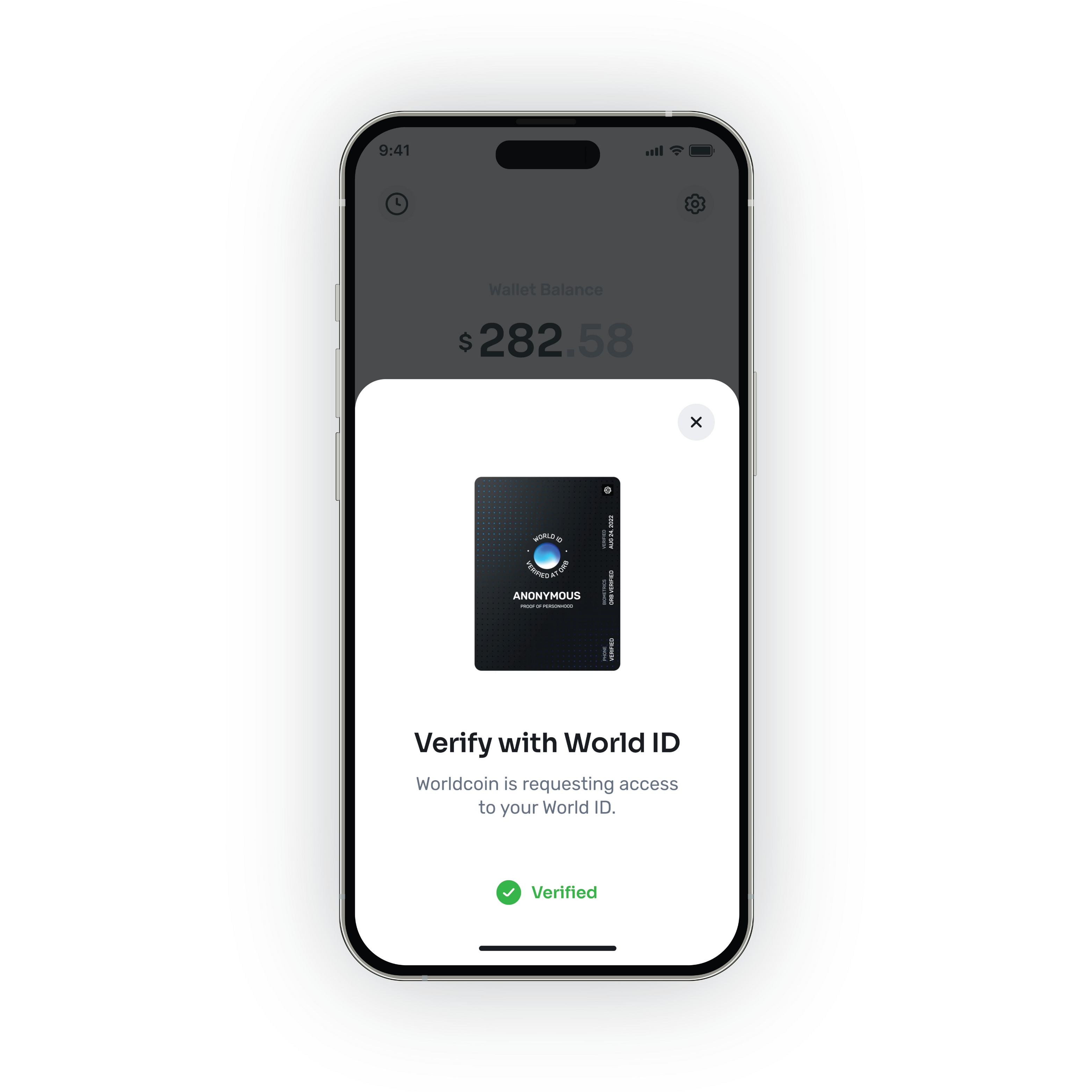 A smartphone displaying the World App interface, showing a prompt to verify with World ID and the wallet balance of $282.58.
