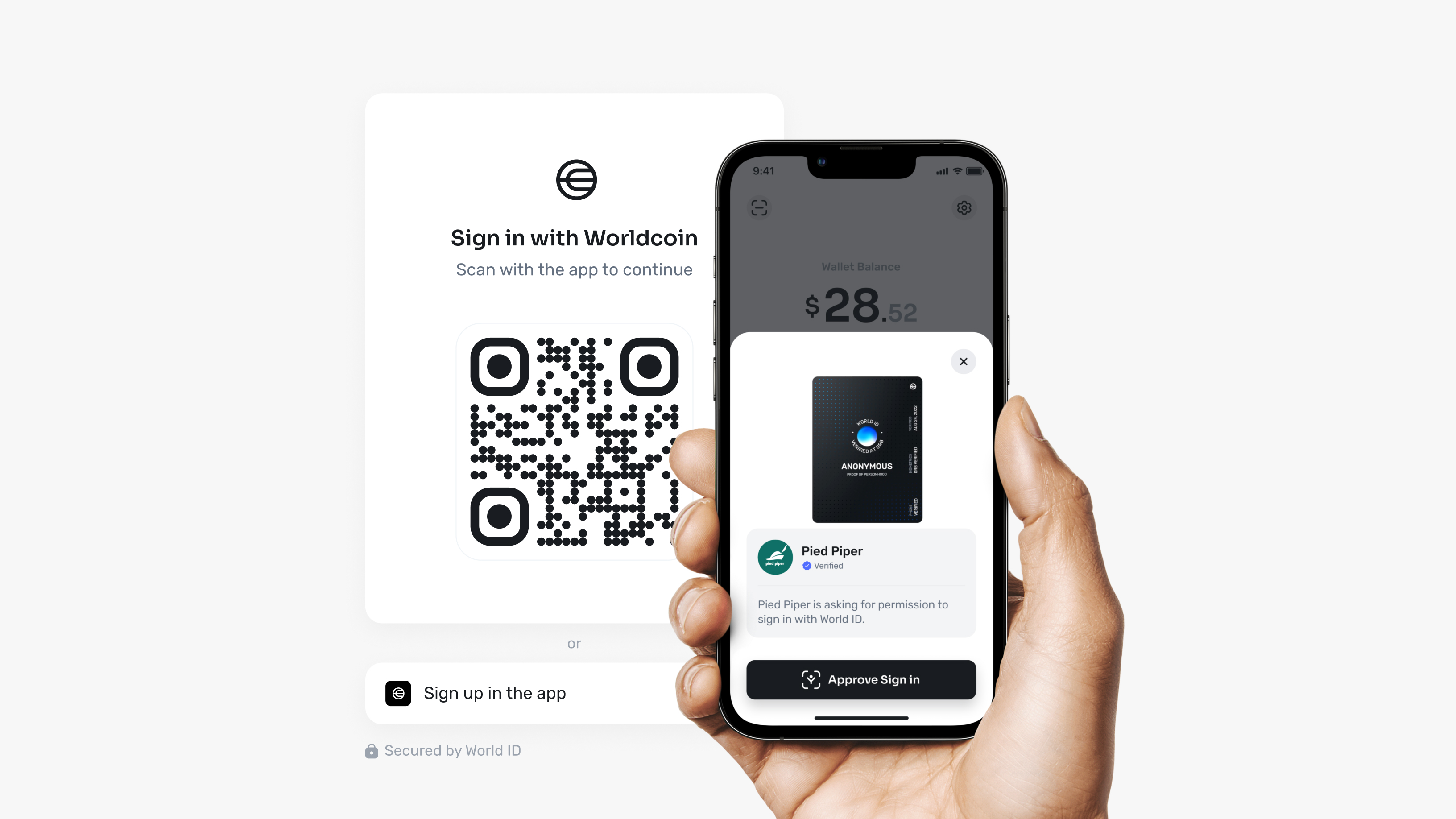 A person holding a phone displaying a QR code for signing in with Worldcoin. A pop-up on the phone screen shows the option to approve the sign-in via World ID.