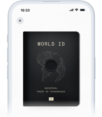 A mobile device displaying the World ID, highlighted with a globe design and the text 'Universal Proof of Personhood'.