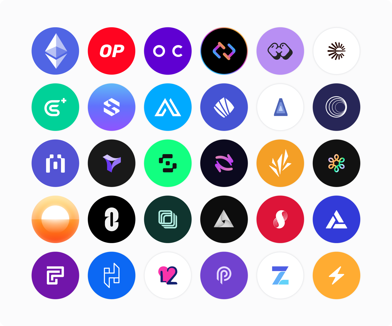 A grid of colorful logos from various blockchain projects, showcasing diverse designs and styles.